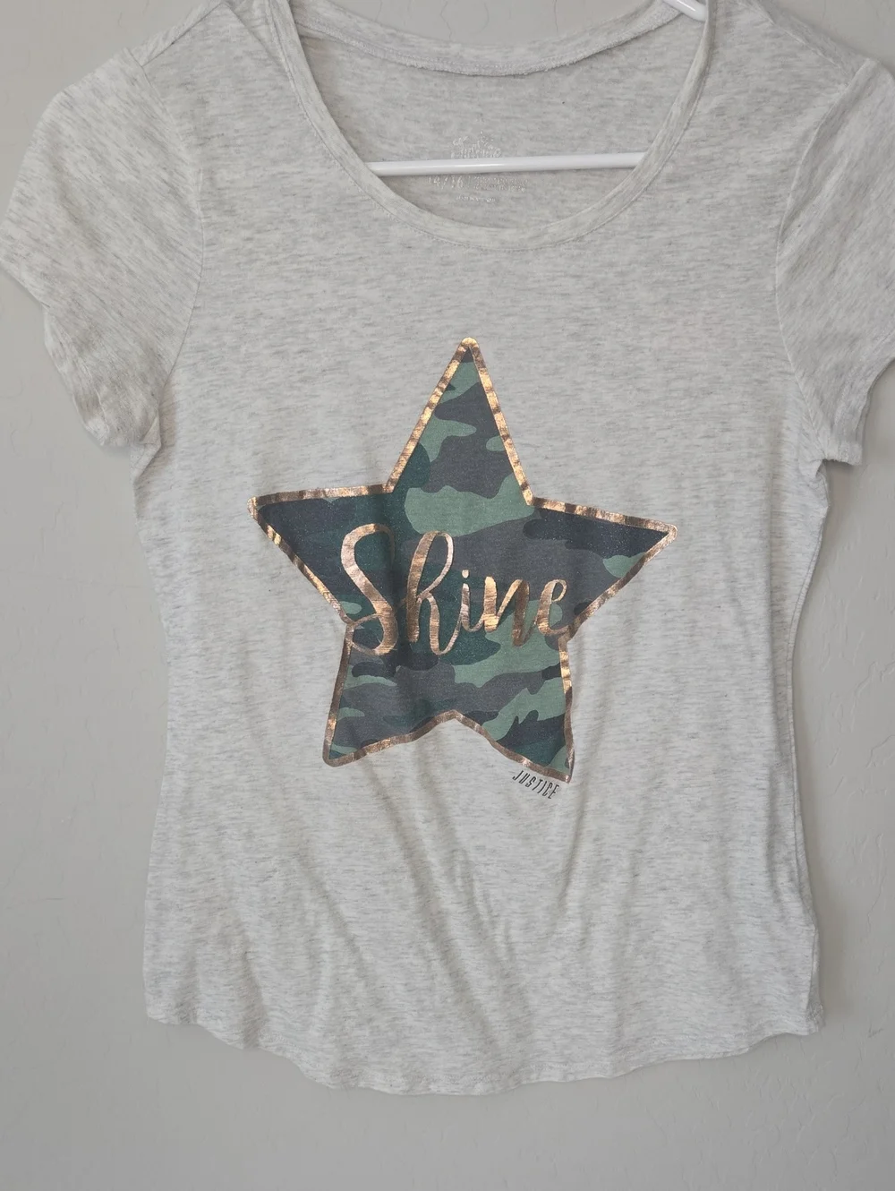 Justice Light Gray Tee with Camo Star and Rose Gold 'Shine'
